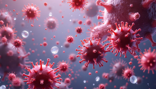 Close-up of red virus particles floating in a microscopic environment