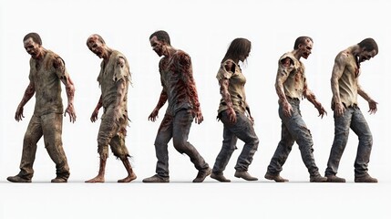 Fototapeta premium Zombie characters in tattered clothing, showcasing a full view of both male and female flesh-eaters, depicting various angles and details of their gruesome appearance.