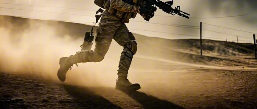 2:35:1 low angle soldier running in a battlefield simulation
