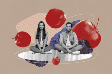 Composite photo collage of two happy girl guy sit together red apple juice vitamin organic food...