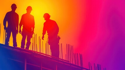 Silhouettes of construction workers on a building site against a vibrant colored background.