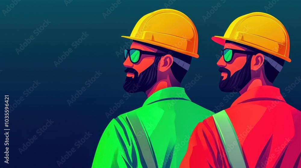 Wall mural engineers wearing hard hats and sunglasses, emphasizing maintenance in civil engineering with vibran