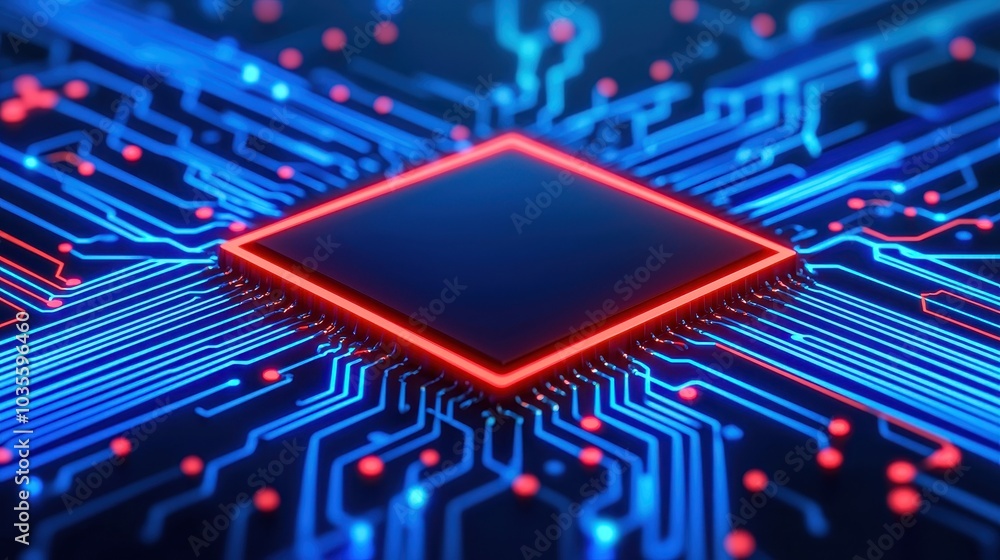 Poster vivid close-up of a microchip with glowing circuits and connections, displaying modern technology in