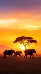 Fototapeta premium A serene sunset scene with elephants walking beneath a silhouette of a tree, capturing the essence of wildlife in nature.