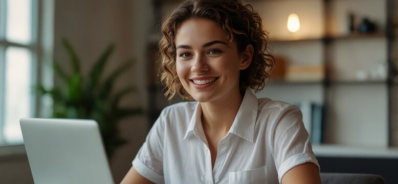 Close up portrait of young beautiful woman smiling while working with laptop in office - Powered by Adobe
