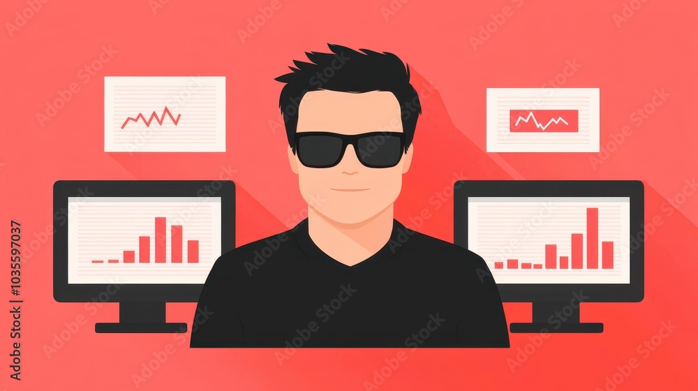 Poster businessman analyzing data in front of computer screens with graphs and charts, focused approach to 