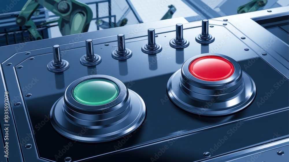 Aufkleber close-up view of control buttons, featuring a green and a red button on a sophisticated industrial p