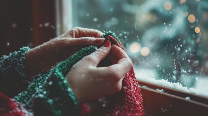 Fototapeta premium Close-up of hands knitting a red and green holiday scarf by a window, snow falling softly outside, the scene filled with warmth and coziness