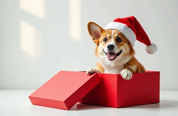 happy corgi dog coming out of a christmas red gift. Cute corgi in a santa's hat for Christmas, on white background. idea for greeting card, veterinariaan advertising, grooming, pets shop, pets store