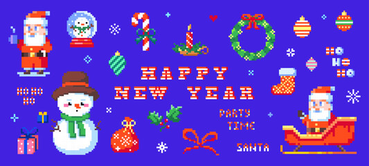 Pixel Art Happy New Year Icon Set, Santa Claus, Snowman, Gifts, Decorations, Ornaments, Candles, Wreaths, Candy Canes, Socks, Sacks, Gift Boxes. Retro 8 bit Christmas Elements for Games and Design. 