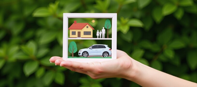 Illustration A hand holding a collage image symbolizing a happy family home and car on a lush green backdrop Insurance representation