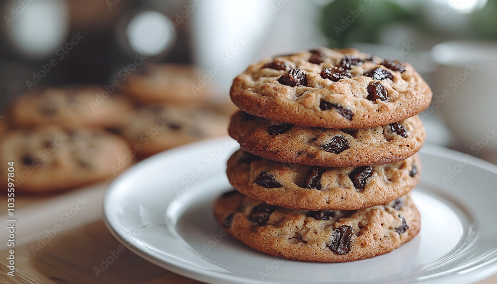 Poster chocolate chip cookie stack on rustic wooden table generated by ai