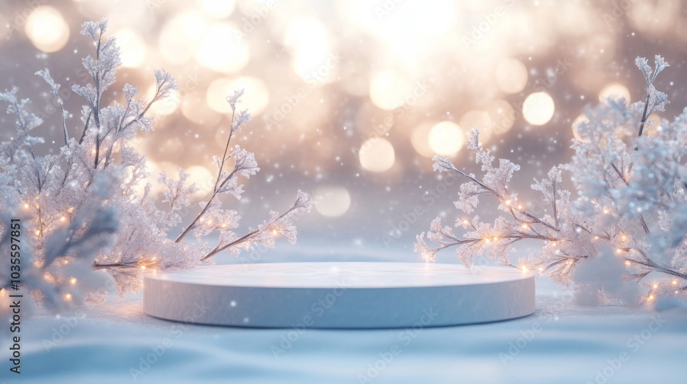Aufkleber a tranquil winter landscape featuring a smooth white platform at the center, adorned by frosty branc
