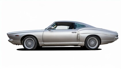 Sleek silver coupe with chrome wheels.