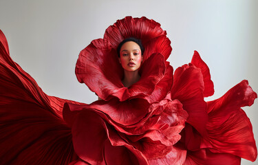 Fashion editorial Concept. Pretty woman of high fashion couture tulle flowing conceptual and pleats petal like red dress. illuminated dynamic composition dramatic lighting. copy text space