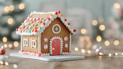 Gingerbread house decorated with icing and candy, surrounded by Christmas lights