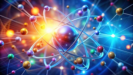 Obraz premium A vibrant illustration of an atom with colorful electrons orbiting a central nucleus, highlighting the fundamental building block of matter.