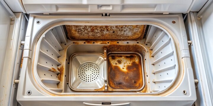 A top-loading washing machine drum with a rusted, dirty interior, showcasing the need for deep cleaning