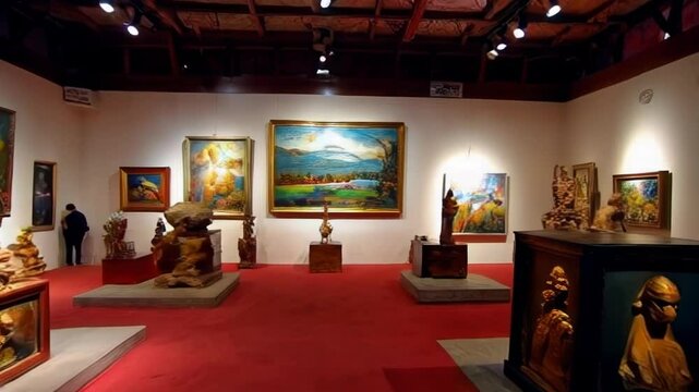 A vibrant art gallery filled with various sculptures and paintings, showcasing creativity and cultural expressions in a welcoming atmosphere.