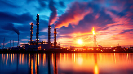 Obraz premium stunning industrial landscape at sunset, showcasing power plant with smokestacks and vibrant sky reflecting on water. scene captures essence of energy production and environmental impact