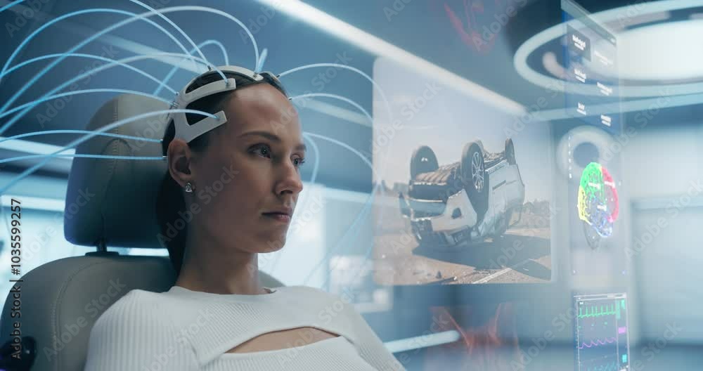 Aufkleber woan wears a neural headset, browsing social media, interacting with holographic social network soft