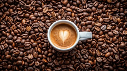 Fototapeta premium A single cup of coffee with a heart-shaped latte art design, nestled amidst a sea of roasted coffee beans, a testament to the simple pleasures of life.