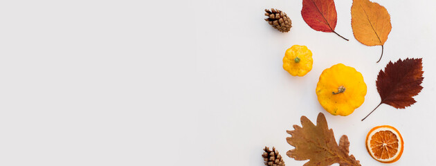 Autumn holiday frame composition with pattern made of leaf, punpkins, dried orange, pine cone on...