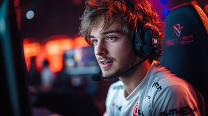 A passionate gamer is immersed in an esports competition, wearing a headset and concentrating on the screen as the event unfolds around him.