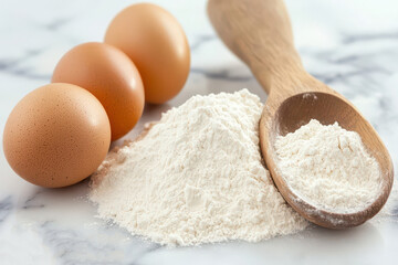 Fototapeta premium Fresh eggs flour on marble kitchen countertop for baking