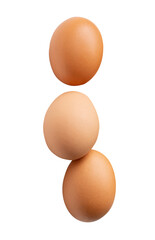 Top view set of three fresh brown chicken eggs isolated on white background with clipping path