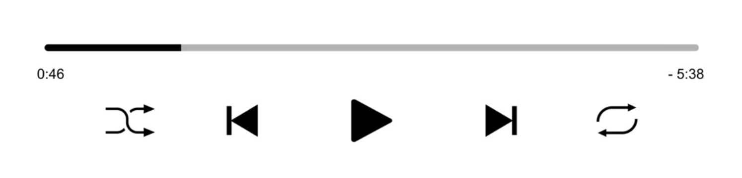 Video play bar template with button play or pause and timelime. Audio player for songs, podcast playlist. Light theme. Vector