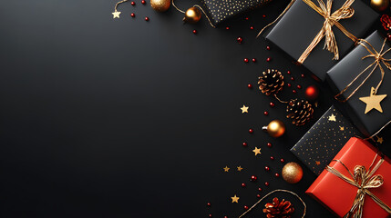 Wrapped holiday gifts and ornaments on black backdrop with text room. Black Friday seasonal sales