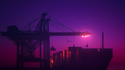 Fototapeta premium Cranes Unloading Containers at Sunset Port Scene