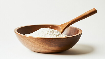 Wooden Bowl with White Powder and Spoon   Baking  Cooking  Ingredients