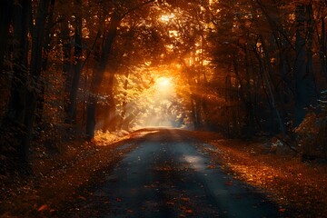 Obraz premium Enchanted Autumn Pathway Illuminated by Golden Sunlight