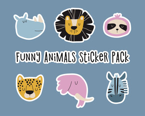 Funny animals sticker pack. Colorful stickers with faces of wild animals. Hand drawn African animals.