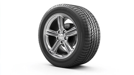Obraz premium Car Tire with Chrome Wheel Rim Isolated on White Background