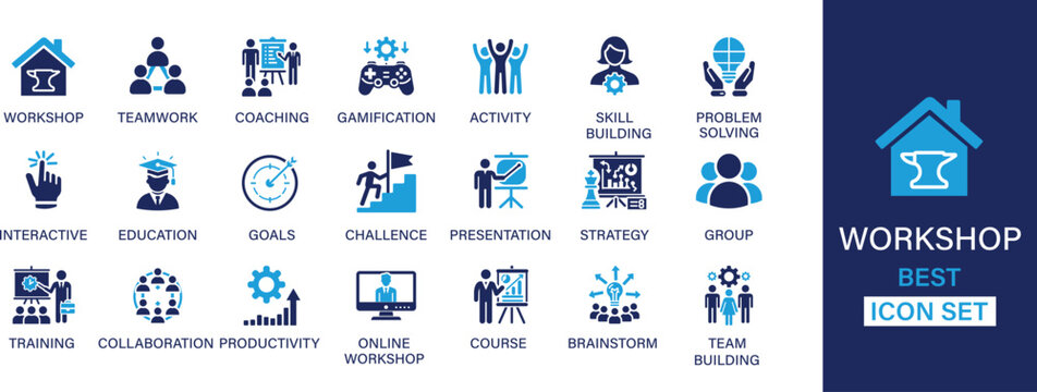 Workshop best solid icon set collection. Teamwork, coaching, gamification, activity, education, challenge,  presentation and vector illustration.