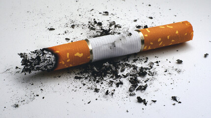 Close up of a Burnt Cigarette with Ash Scattered on White Background