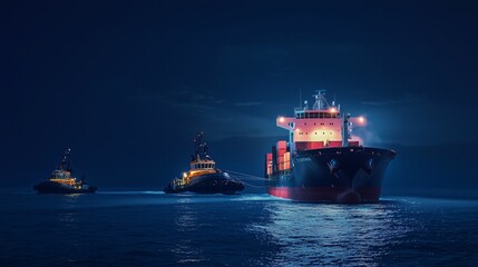 Fototapeta premium Cargo Ship Guided by Tugboats in Harbor at Night