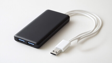 Fototapeta premium Black USB Hub with Dual Ports and White Cable on White Background