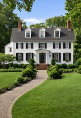 White Colonial House with Brick Walkway and Lush Greenery. Generative AI