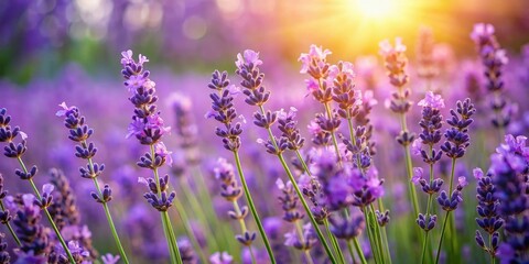 Naklejka premium Lavender blooms bathed in warm sunlight, a symphony of purple hues against a soft, blurred background.