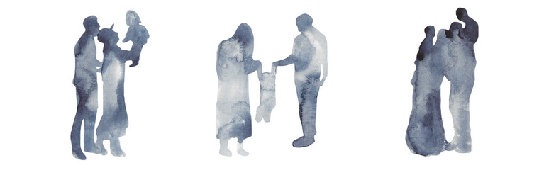 Silhouette of people set. man, woman, child. a family. isolated. watercolor illustration