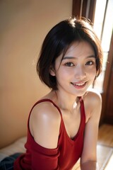Fototapeta premium 赤いキャミソールを着て微笑むショートボブの美女