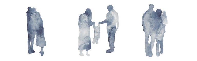 Silhouette of people set. man, woman, child. a family. isolated. watercolor illustration