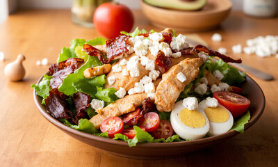 Cobb salad in a rustic close-up kitchen scene 