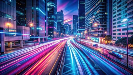 Obraz premium A captivating night cityscape with streaks of colorful light trails illuminating the bustling highway, showcasing the energy and vibrancy of modern urban life.