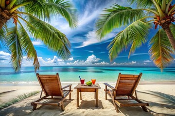 Obraz premium Tropical Beach Chairs with Cocktails Overlooking Crystal Clear Sea - Relaxing Paradise Scene