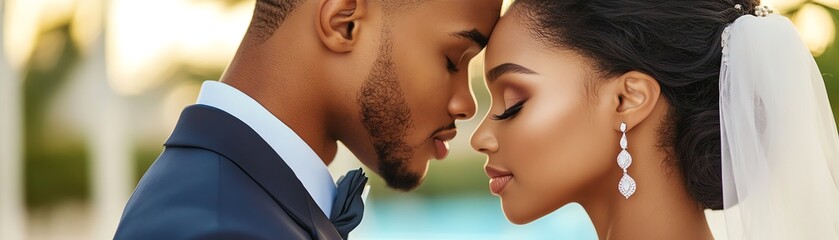 Obraz premium An intimate moment shared between a couple on their wedding day, highlighting love and connection in a beautiful outdoor setting.